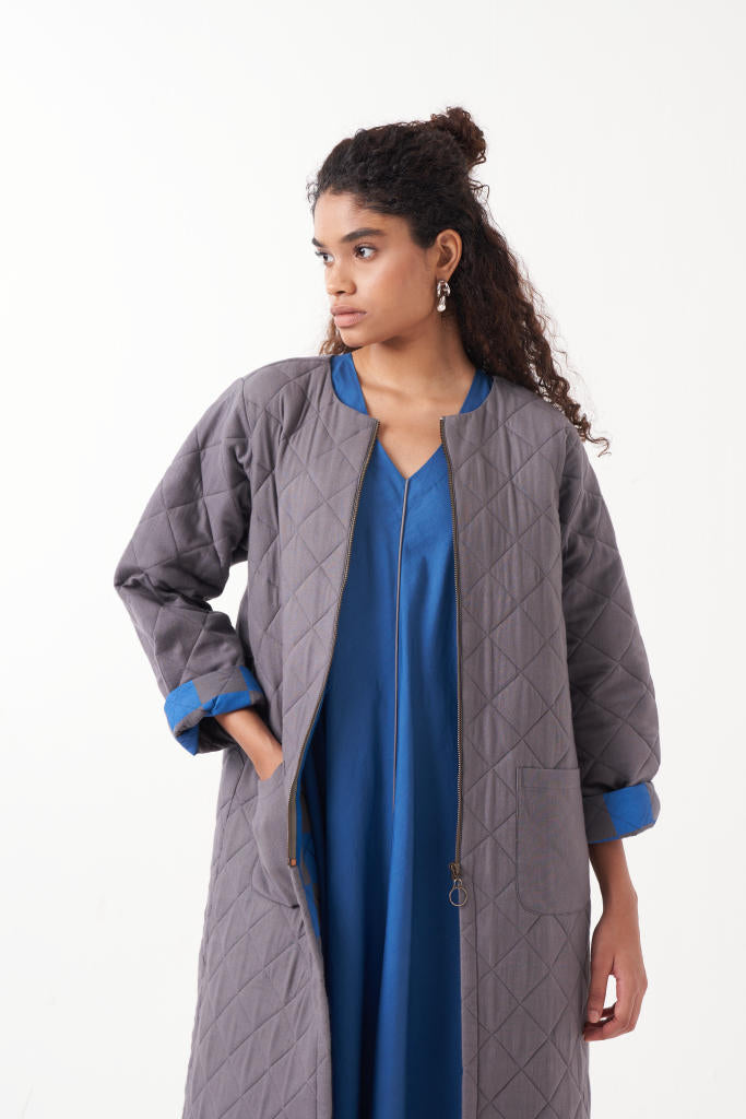 GREY LONG QUILTED JACKET-GREY by THREE in grey color for women Worldwide