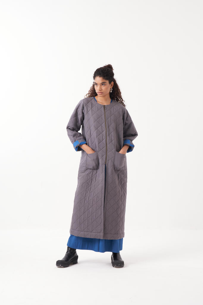 GREY LONG QUILTED JACKET-GREY by THREE in grey color for women Worldwide