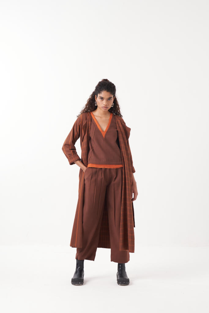 REVERSIBLE OVERLAY CO-ORD (SET OF 3)-CHOCOLATE BROWN by THREE in brown color for women Worldwide