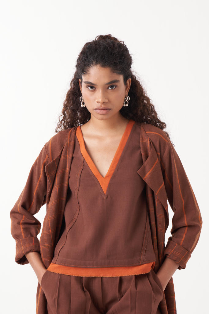 REVERSIBLE OVERLAY CO-ORD (SET OF 3)-CHOCOLATE BROWN by THREE in brown color for women Worldwide