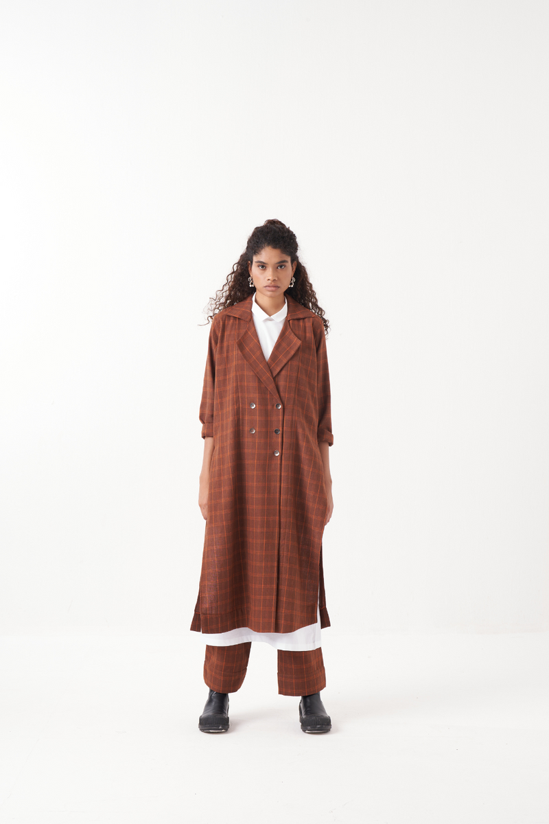 OVERLAP KAFTAN CO-ORD (SET OF 3)-CHOCOLATE RUST CHECK & BROWN by THREE in rust color for women Worldwide