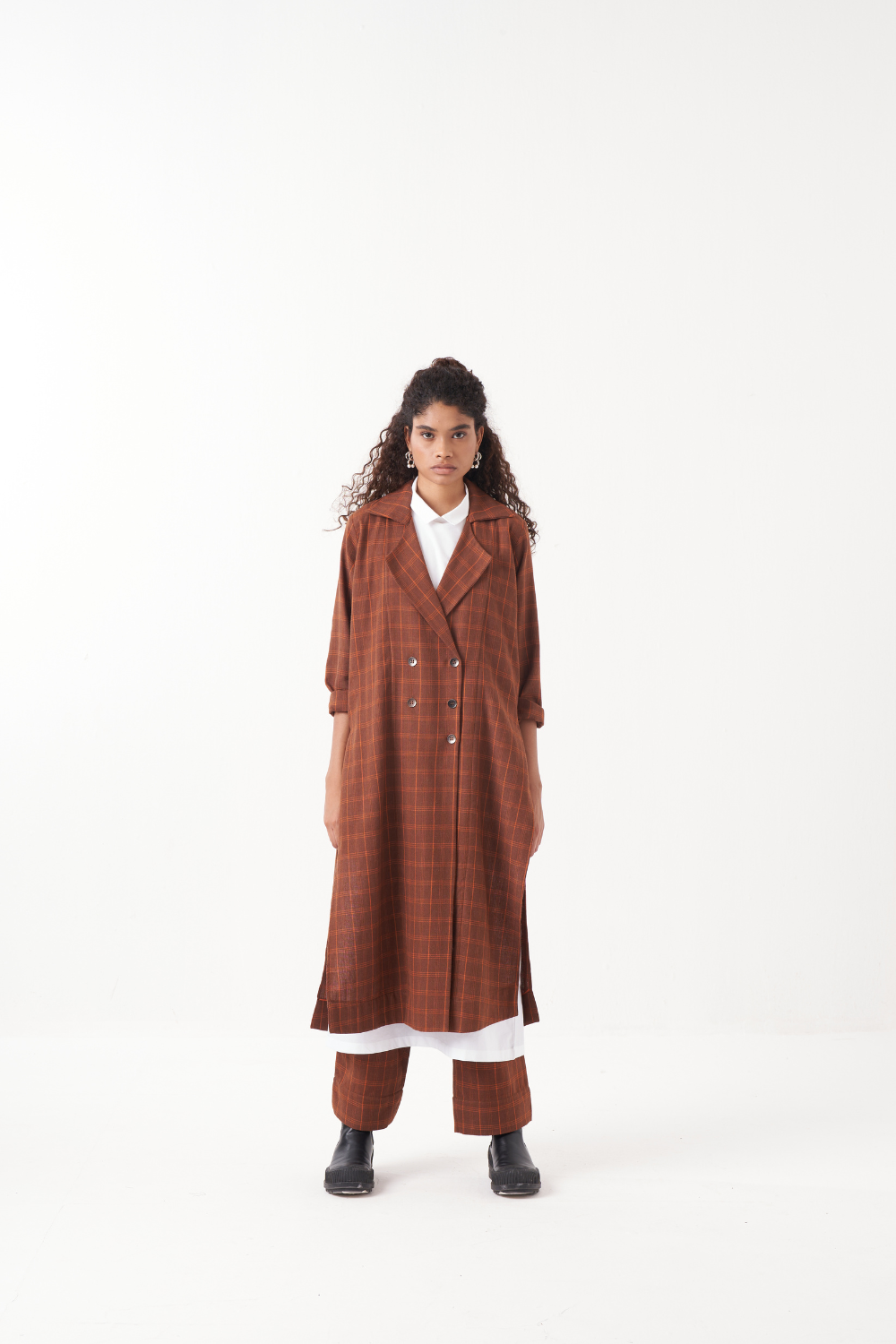 OVERLAP KAFTAN CO-ORD (SET OF 3)-CHOCOLATE  RUST CHECK & BROWN