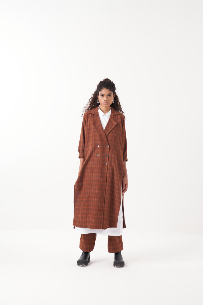OVERLAP KAFTAN CO-ORD (SET OF 3)-CHOCOLATE RUST CHECK & BROWN by THREE in rust color for women Worldwide