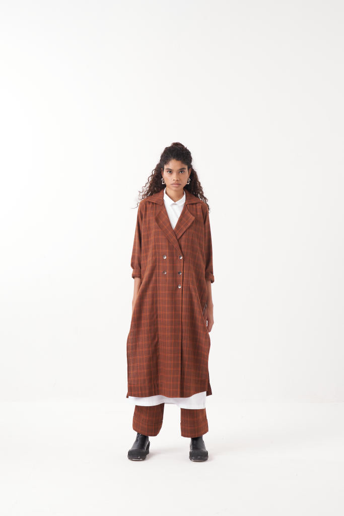 OVERLAP KAFTAN CO-ORD (SET OF 3)-CHOCOLATE RUST CHECK & BROWN by THREE in rust color for women Worldwide