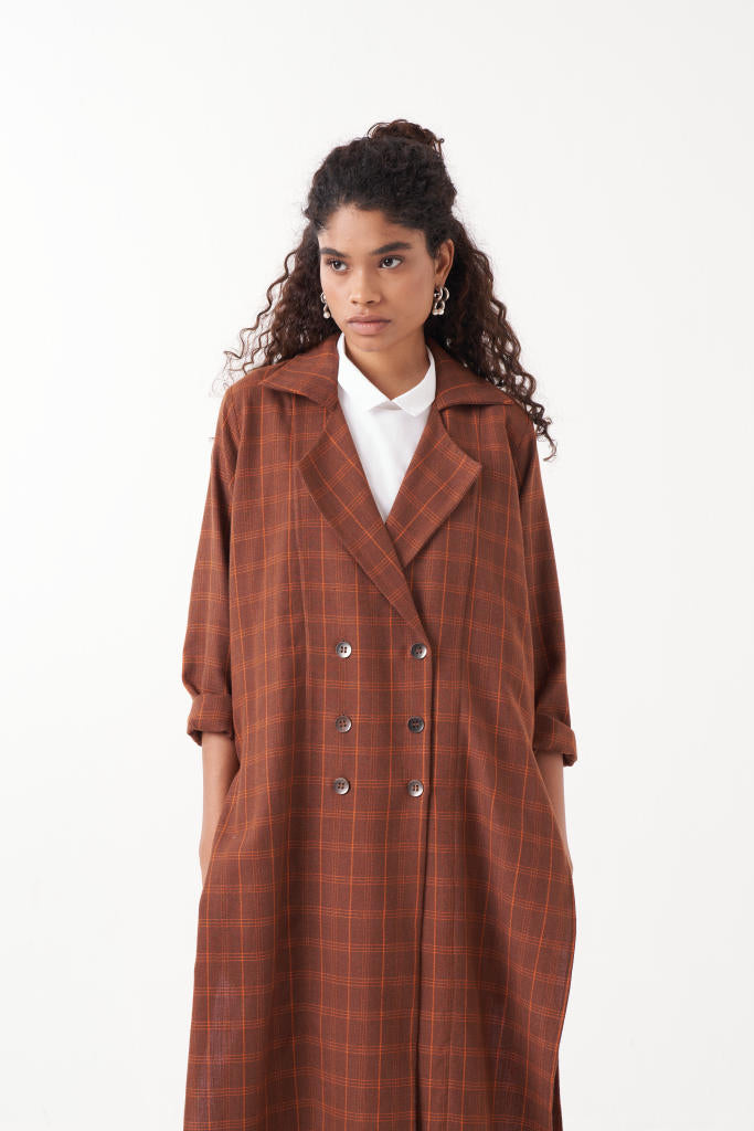 OVERLAP KAFTAN CO-ORD (SET OF 3)-CHOCOLATE RUST CHECK & BROWN by THREE in rust color for women Worldwide