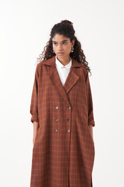 OVERLAP KAFTAN CO-ORD (SET OF 3)-CHOCOLATE  RUST CHECK & BROWN