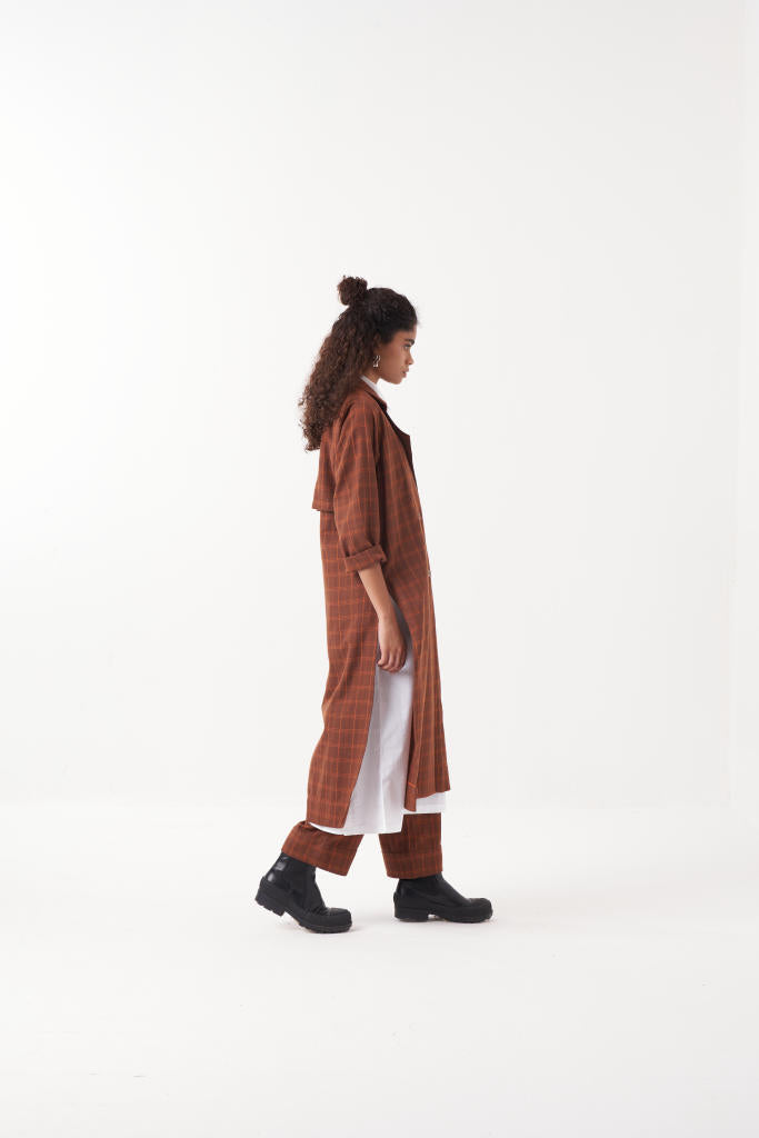 OVERLAP KAFTAN CO-ORD (SET OF 3)-CHOCOLATE RUST CHECK & BROWN by THREE in rust color for women Worldwide