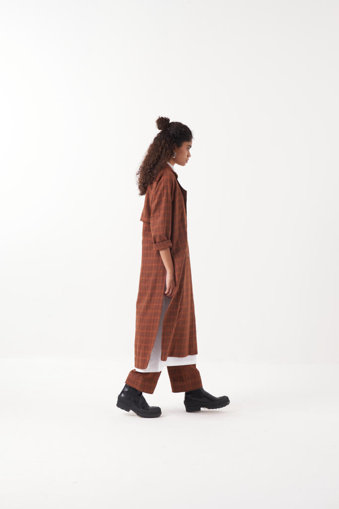 OVERLAP KAFTAN CO-ORD (SET OF 3)-CHOCOLATE RUST CHECK & BROWN by THREE in rust color for women Worldwide