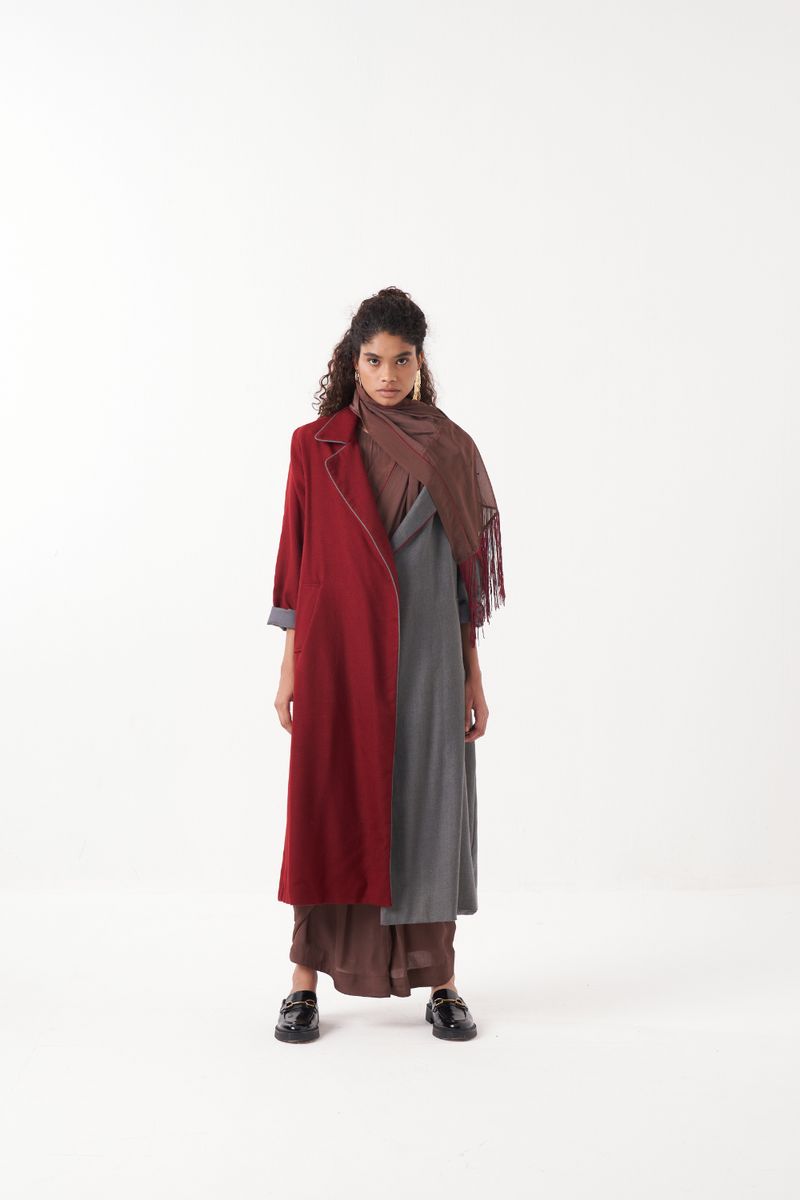 TWO TONE LONG JACKET CO-ORD (SET OF 2)-MADDER & GREY/BROWN mul by THREE in multi color for women Worldwide