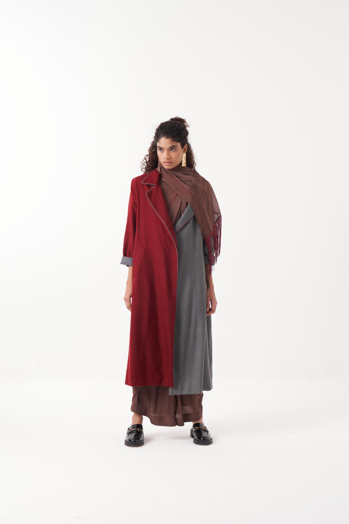 TWO TONE LONG JACKET-MADDER & GREY by THREE in grey color for women Worldwide