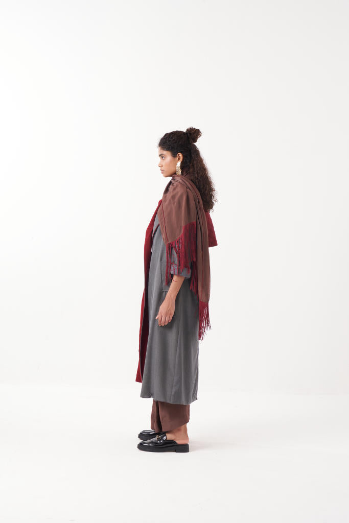 TWO TONE LONG JACKET CO-ORD (SET OF 2)-MADDER & GREY/BROWN mul by THREE in multi color for women Worldwide