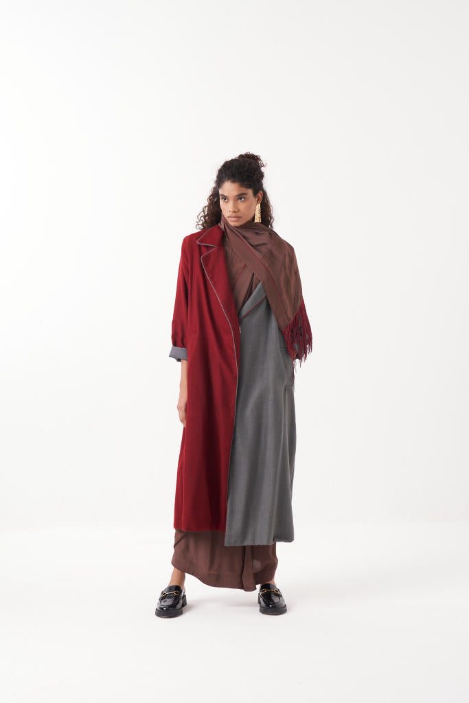 TWO TONE LONG JACKET CO-ORD (SET OF 2)-MADDER & GREY/BROWN