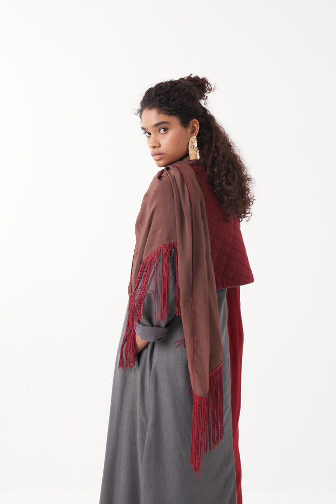 TWO TONE LONG JACKET-MADDER & GREY by THREE in grey color for women Worldwide