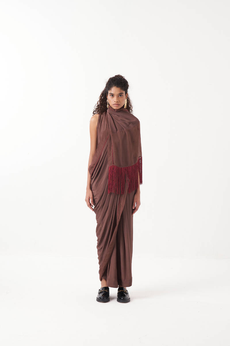 FRINGE SAREE-BROWN by THREE for women Worldwide