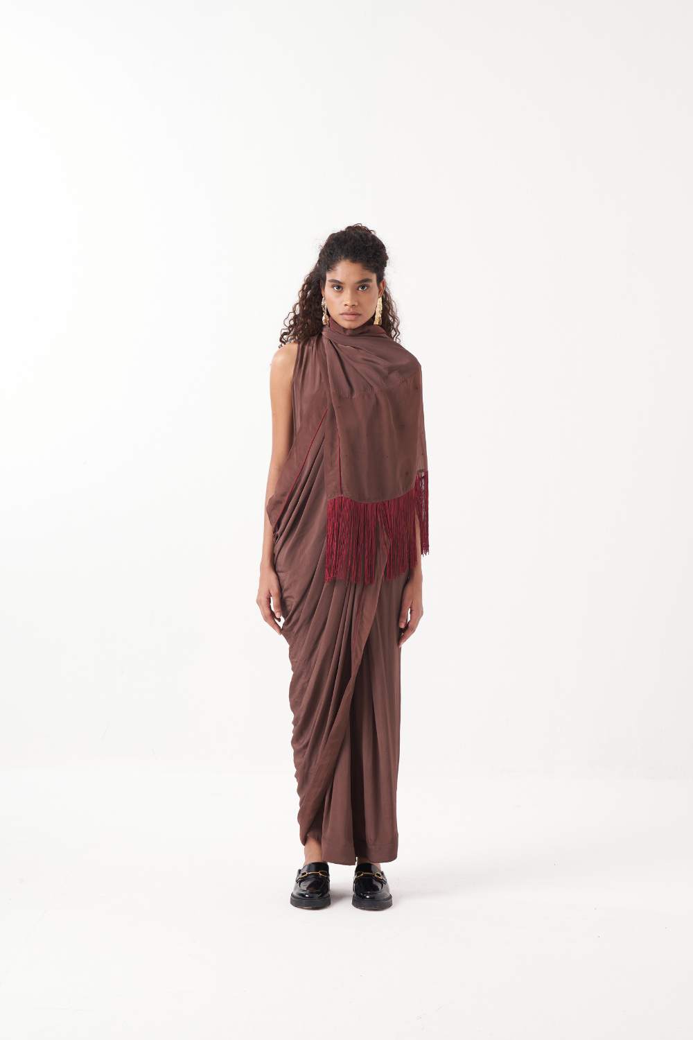 FRINGE SAREE-BROWN