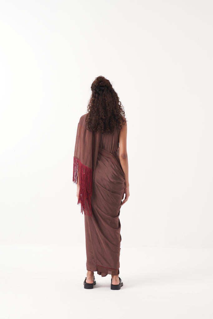 FRINGE SAREE-BROWN by THREE for women Worldwide