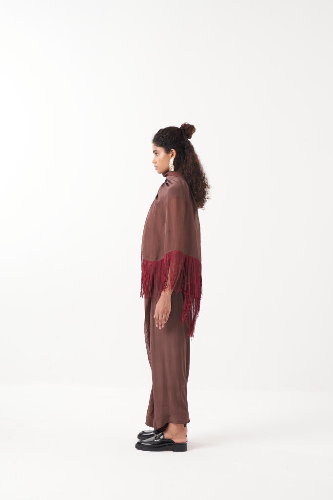 FRINGE SAREE-BROWN by THREE for women Worldwide
