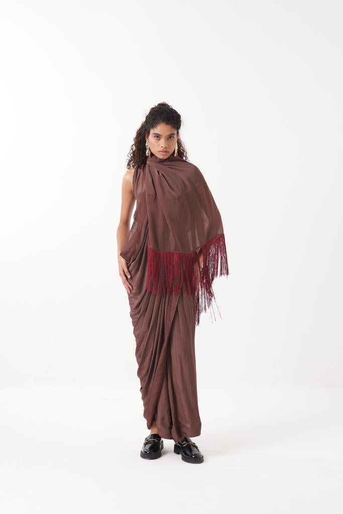 FRINGE SAREE-BROWN by THREE for women Worldwide