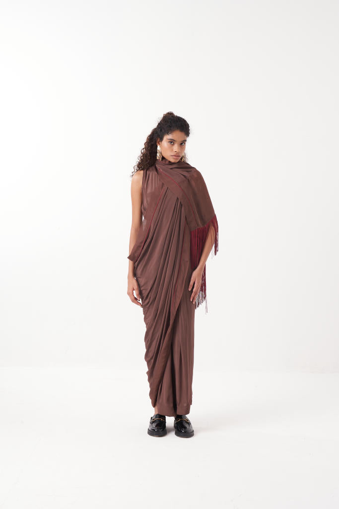 FRINGE SAREE-BROWN by THREE for women Worldwide