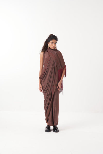 FRINGE SAREE-BROWN