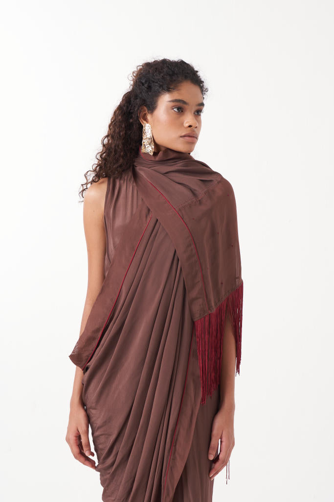 FRINGE SAREE-BROWN by THREE for women Worldwide