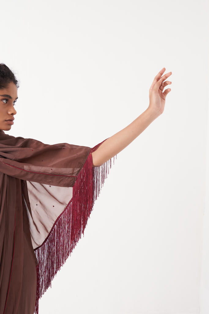 FRINGE SAREE-BROWN by THREE for women Worldwide