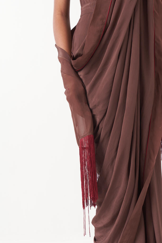 FRINGE SAREE-BROWN by THREE for women Worldwide