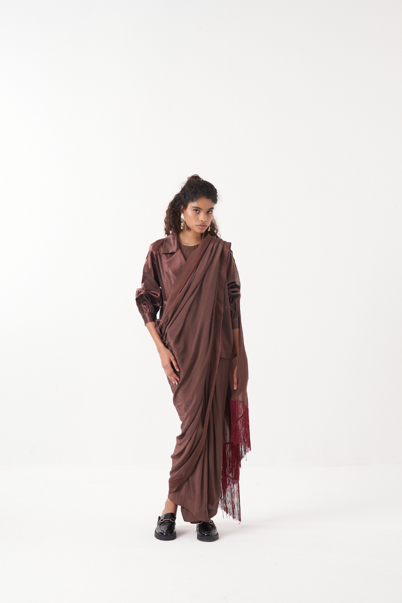 JUMPSUIT SAREE-RUST BROWN by THREE in brown color for women Worldwide