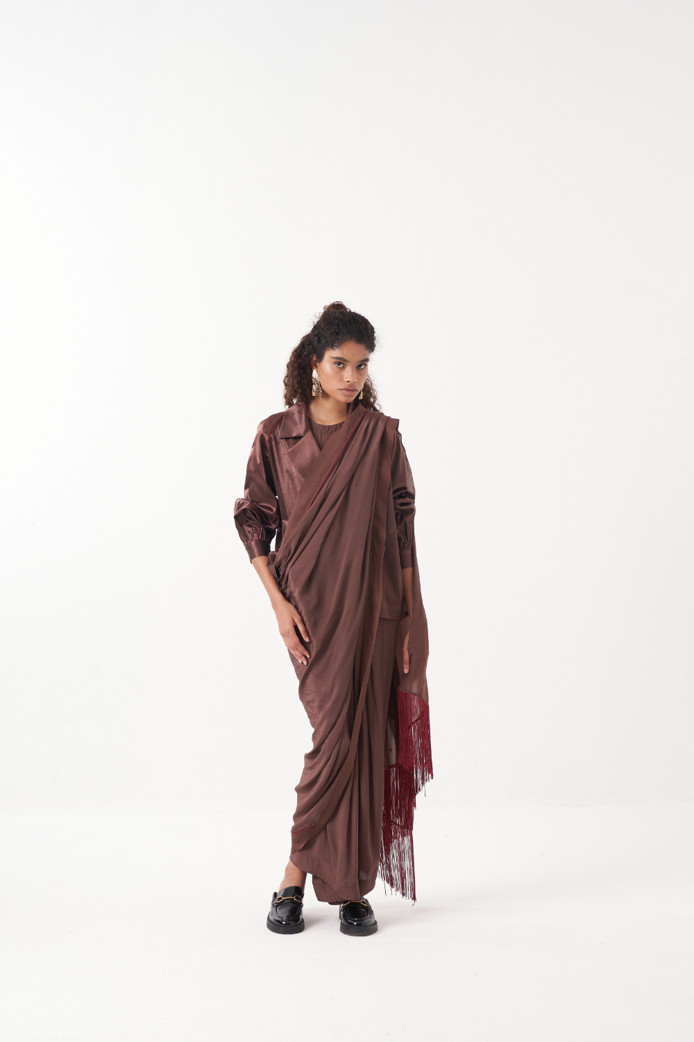 JUMPSUIT SAREE-RUST BROWN