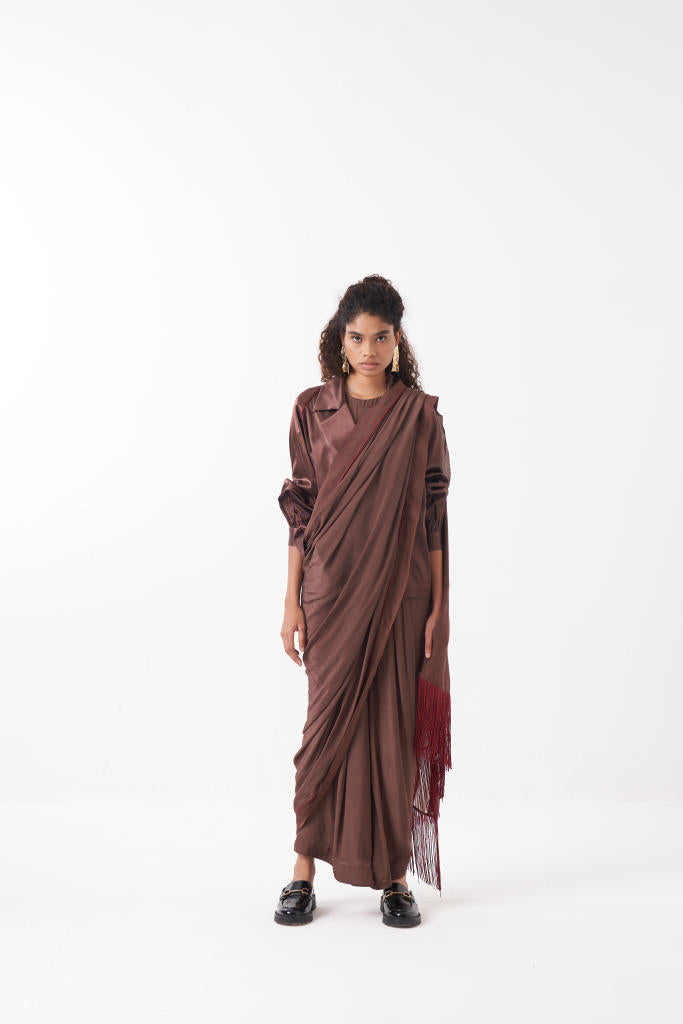 GATHERED SLEEVE JACKET CO-ORD (SET OF 2)-RUST : RUST BROWN & MADDER satin by THREE in brown color for women Worldwide
