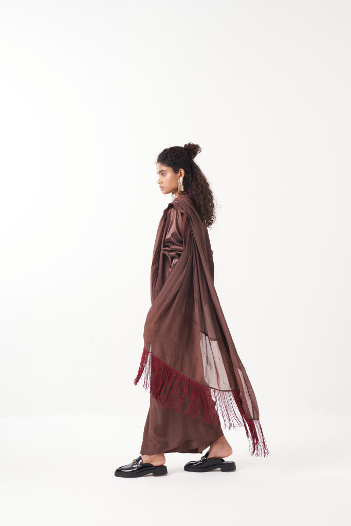 JUMPSUIT SAREE-RUST BROWN by THREE in brown color for women Worldwide
