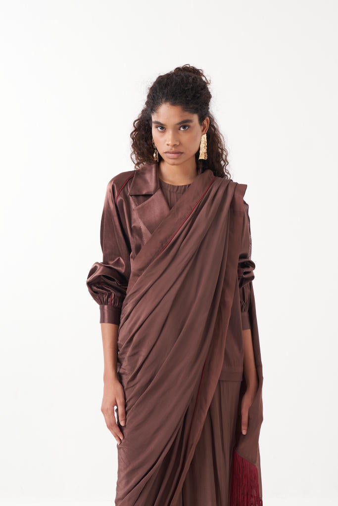 GATHERED SLEEVE JACKET CO-ORD (SET OF 2)-RUST : RUST BROWN & MADDER satin by THREE in brown color for women Worldwide