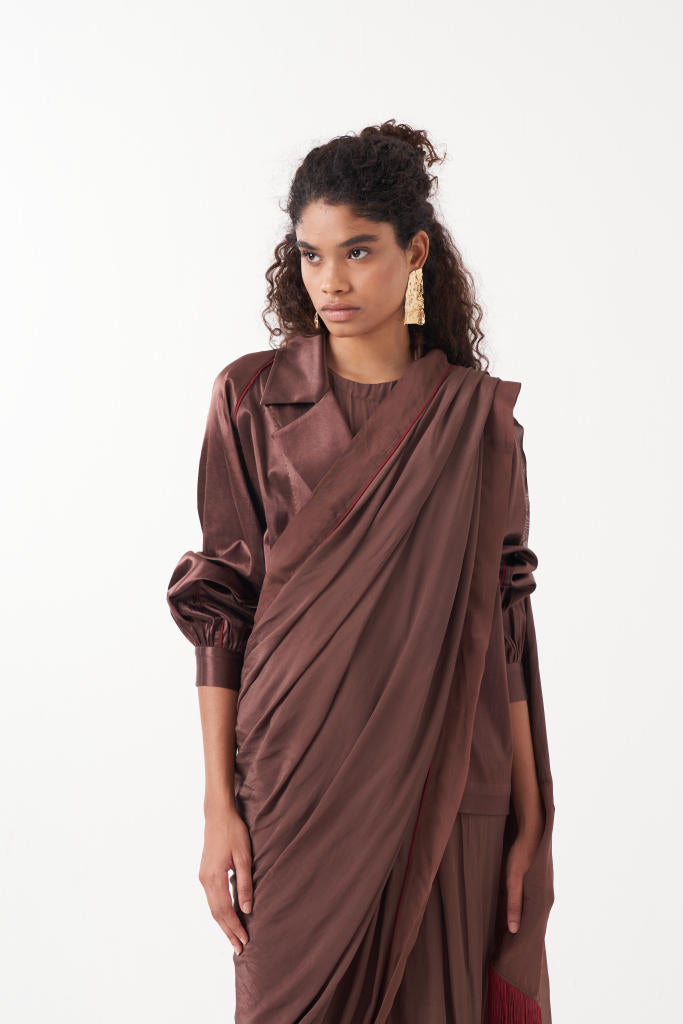 GATHERED SLEEVE JACKET CO-ORD (SET OF 2)-RUST : RUST BROWN & MADDER satin by THREE in brown color for women Worldwide