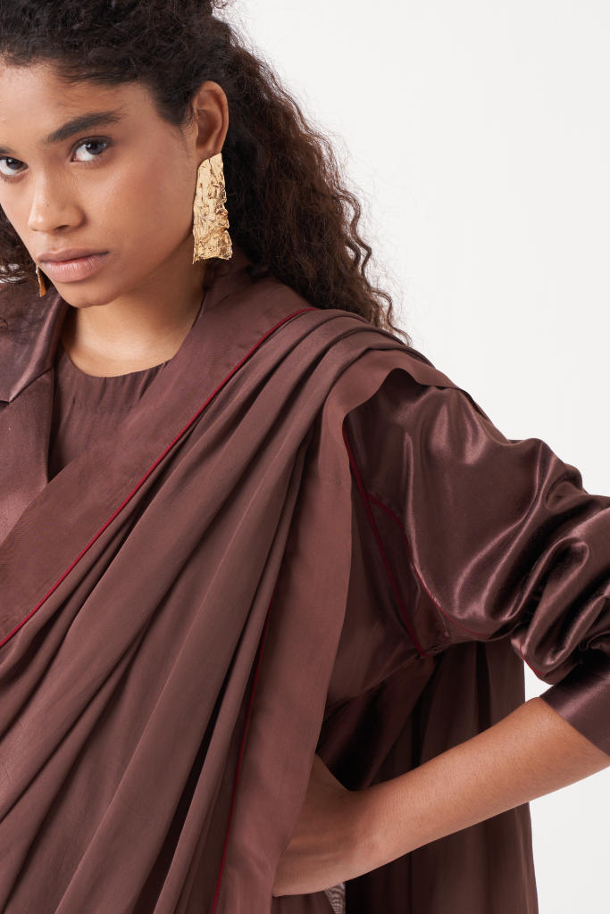 GATHERED SLEEVE JACKET CO-ORD (SET OF 2)-RUST : RUST BROWN & MADDER satin by THREE in brown color for women Worldwide