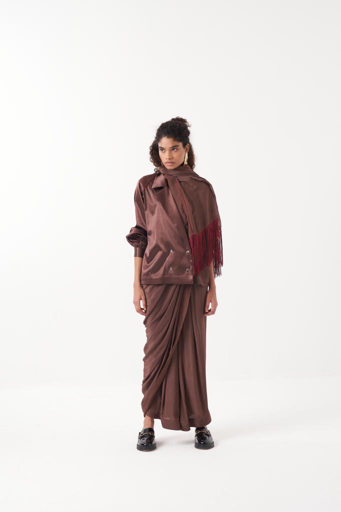 JUMPSUIT SAREE-RUST BROWN by THREE in brown color for women Worldwide
