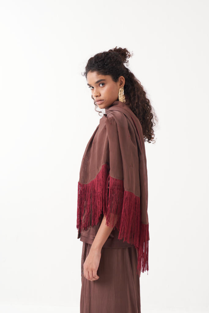 GATHERED SLEEVE JACKET CO-ORD (SET OF 2)-RUST : RUST BROWN & MADDER satin by THREE in brown color for women Worldwide