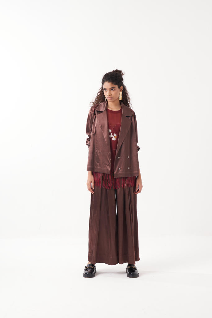 GATHERED SLEEVE JACKET-BROWN