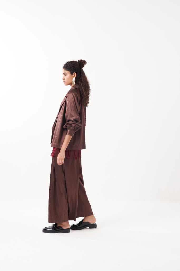 GATHERED SLEEVE JACKET-BROWN