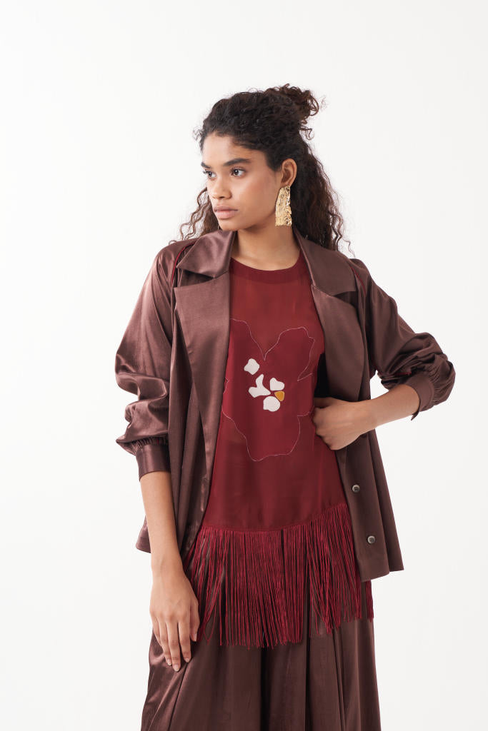 GATHERED SLEEVE JACKET CO-ORD (SET OF 3)-RUST BROWN & MADDER