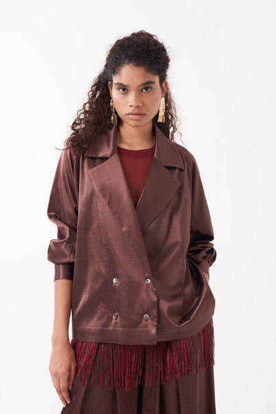 GATHERED SLEEVE JACKET-BROWN