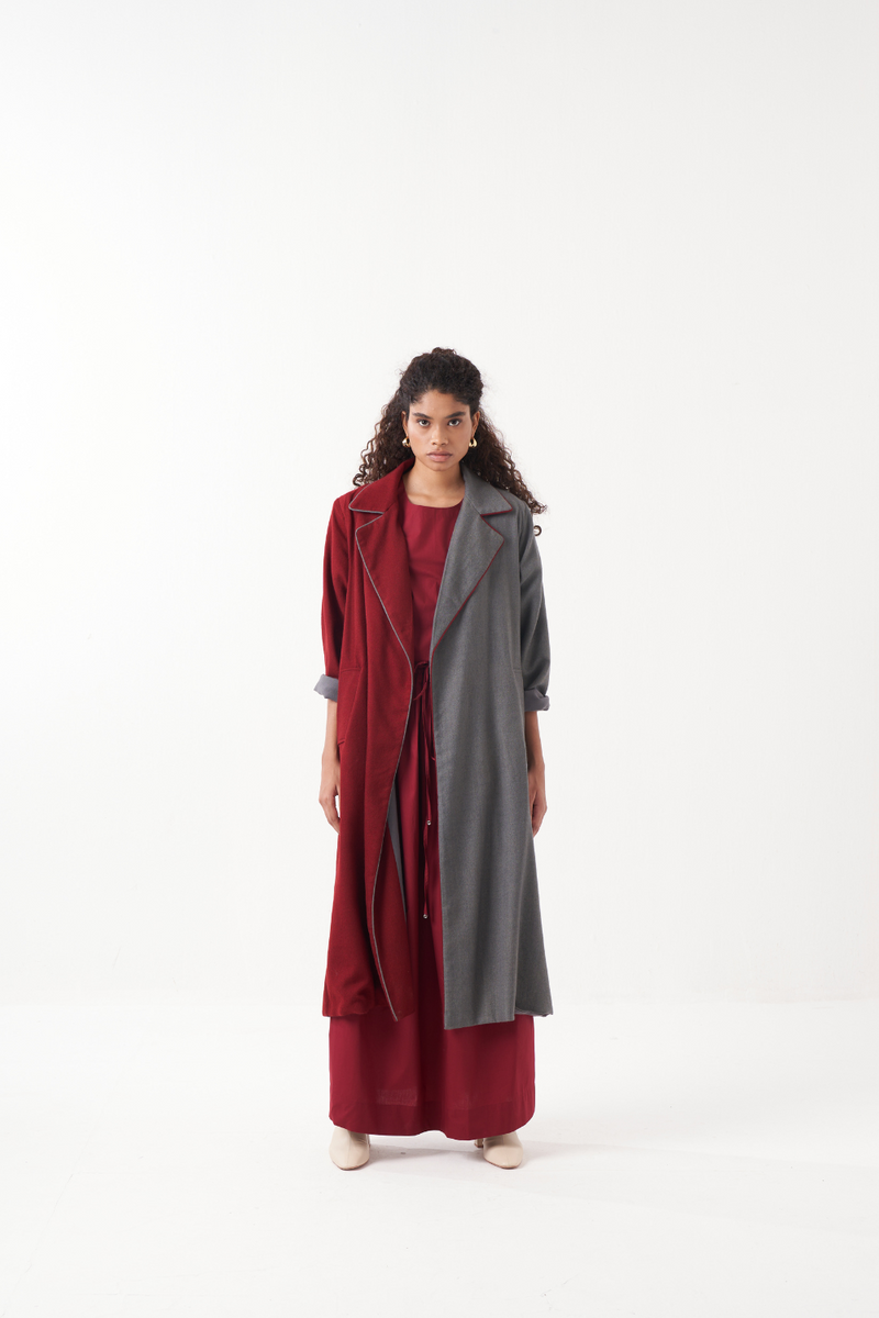 TWO TONE LONG JACKET CO-ORD (SET OF 3)-MADDER & GREY by THREE for women Worldwide