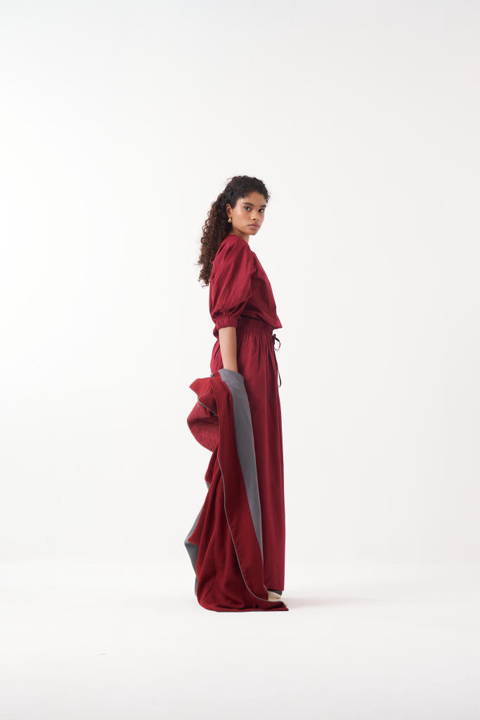 TWO TONE LONG JACKET CO-ORD (SET OF 3)-MADDER & GREY by THREE for women Worldwide