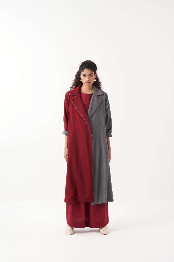 TWO TONE LONG JACKET CO-ORD (SET OF 3)-MADDER & GREY by THREE for women Worldwide