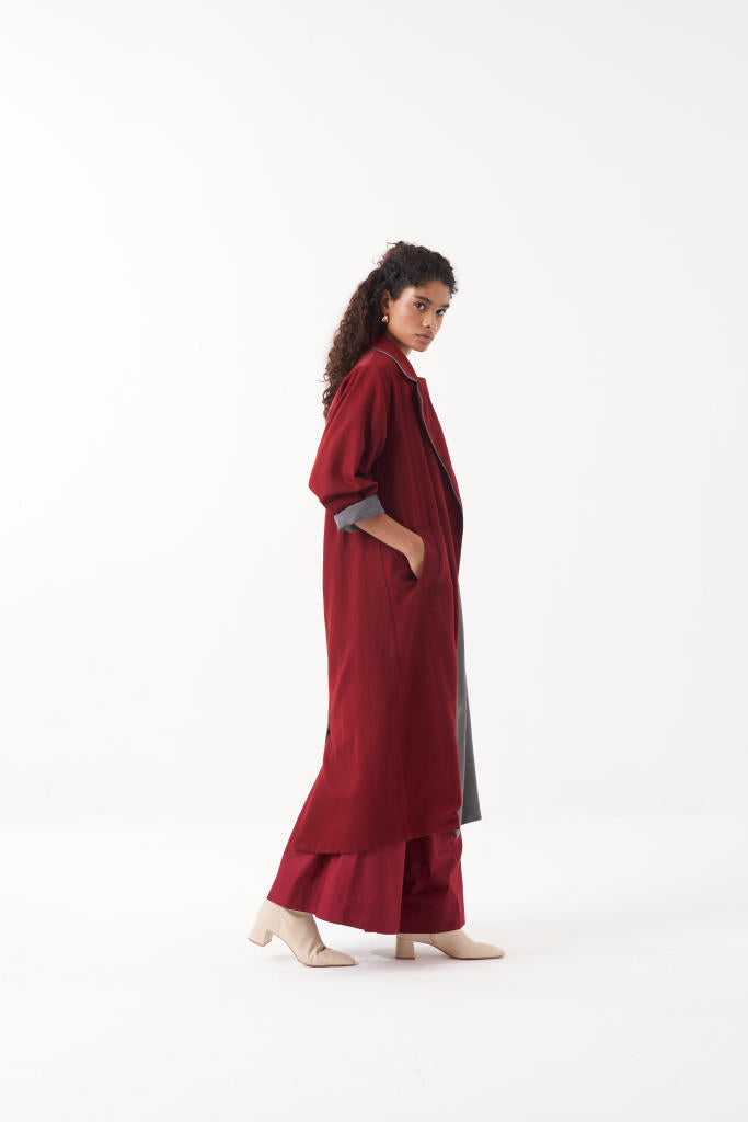 TWO TONE LONG JACKET CO-ORD (SET OF 3)-MADDER & GREY by THREE for women Worldwide
