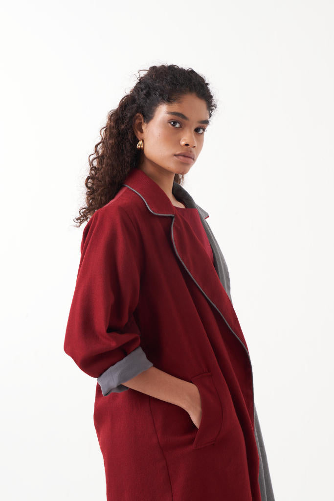 TWO TONE LONG JACKET CO-ORD (SET OF 3)-MADDER & GREY by THREE for women Worldwide