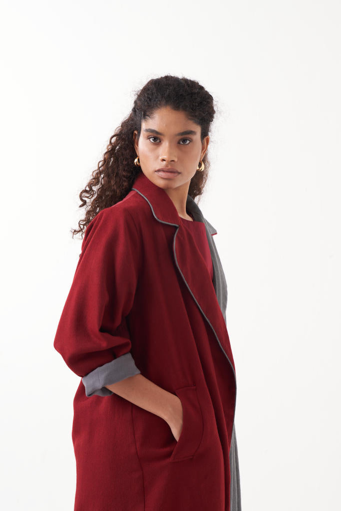 TWO TONE LONG JACKET CO-ORD (SET OF 3)-MADDER & GREY by THREE for women Worldwide