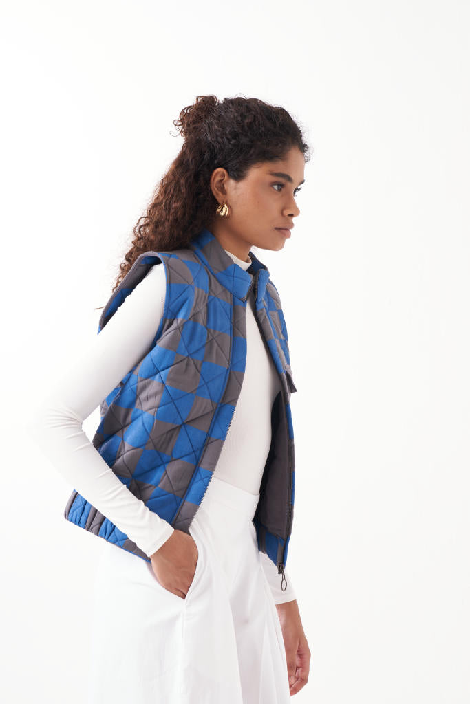 QUILTED SHORT JACKET-ELECTRIC BLUE CHECK by THREE in blue color for women Worldwide