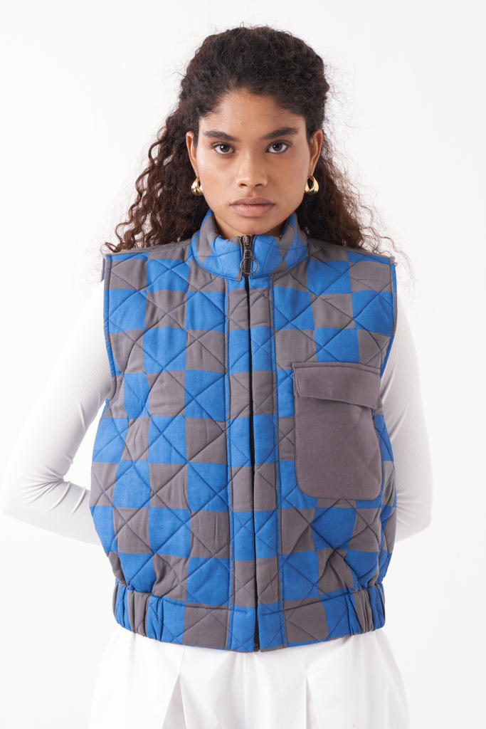 QUILTED SHORT JACKET CO-ORD (SET OF 2)-ELECTRIC BLUE CHECK & WHITE by THREE in blue color for women Worldwide