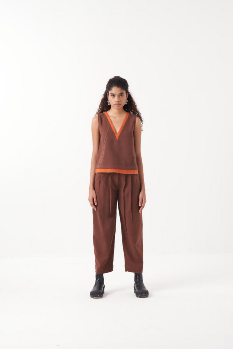 V NECK TOP-CHOCOLATE BROWN by THREE in brown color for women Worldwide