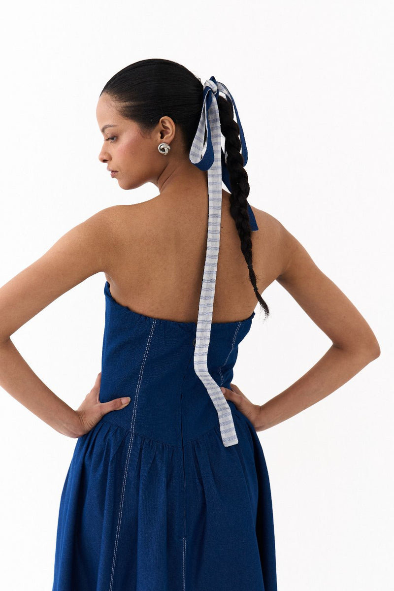 CORSET DRESS-BLUE by THREE in blue color for women Worldwide